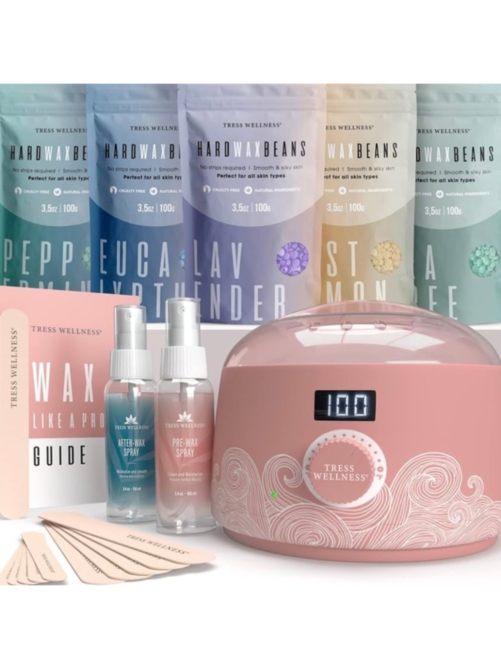 Tress Wellness Wax Kit Pink Hard Wax Warmer Bundle + Extras OS
